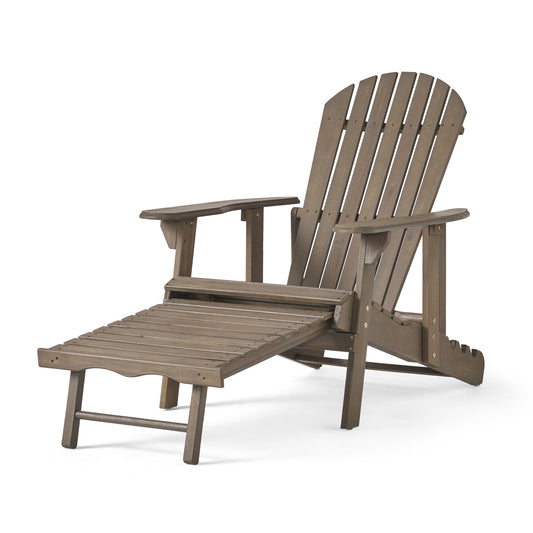 Katherine Outdoor Acacia Adirondack Grey Lounge Chair with Pull Out Footstool
