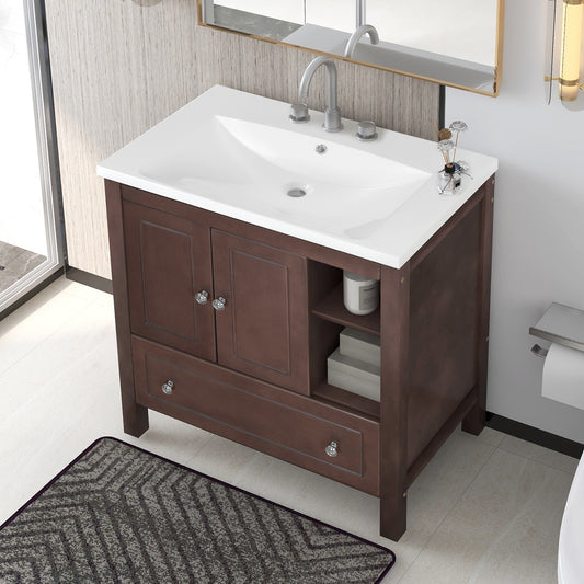 [VIDEO] 30" Bathroom Vanity with Sink, Bathroom Storage Cabinet with Doors and Drawers, Solid Wood Frame, Ceramic Sink, Brown