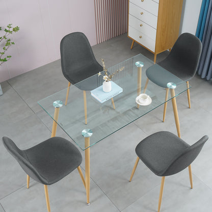 Dining Table Set Modern 5 Pieces Dining Room Set Mid Century Tempered Glass Kitchen Table and 4 Deep Grey Modern Fabric Chairs with wood-transfer Metal Legs