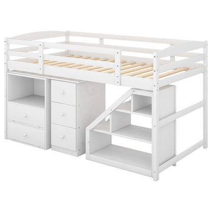 Twin Size Loft Bed with Multifunctional Movable Built-in Desk and and Staircase,White(OLD SKU:GX000925AAK)