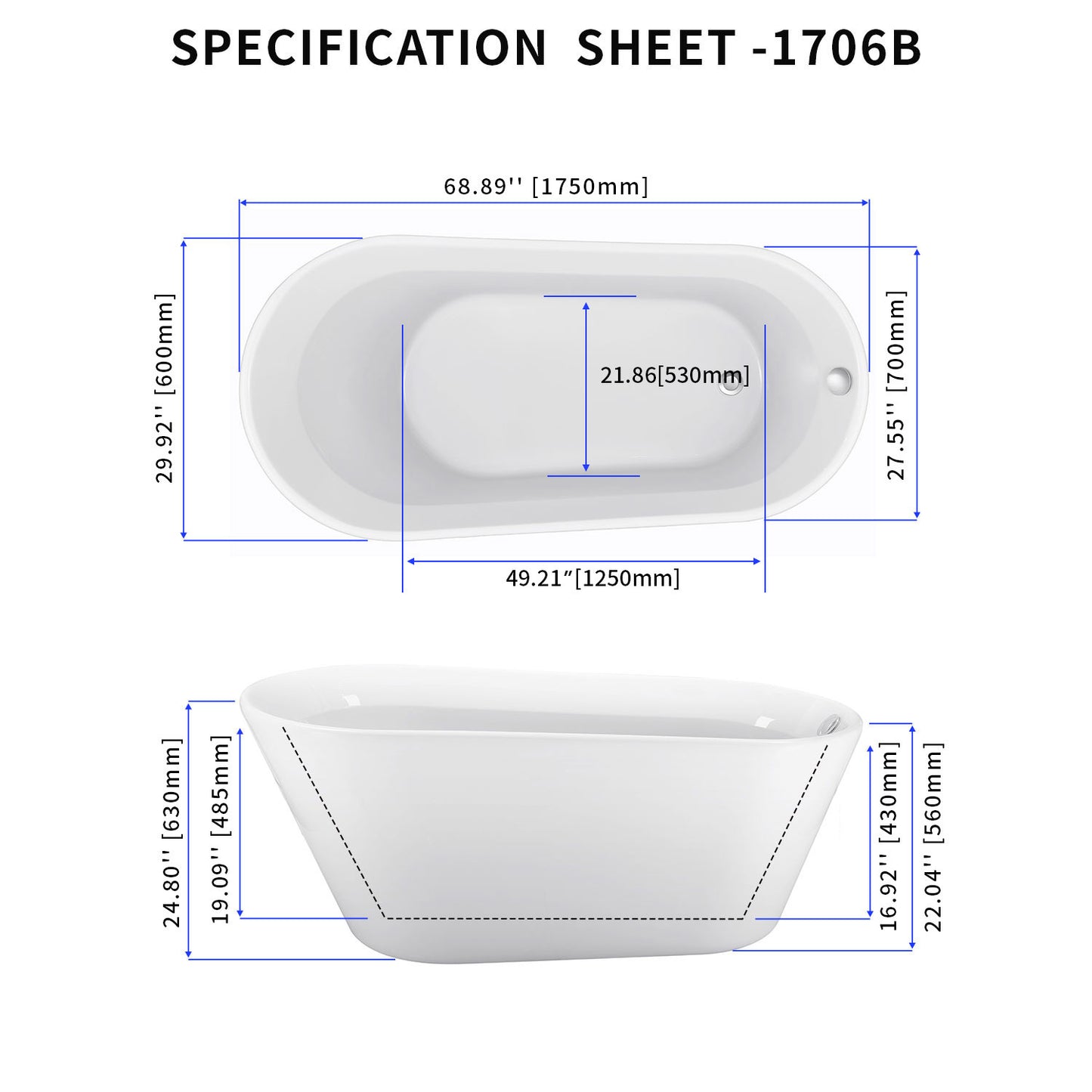 69" 100% Acrylic Freestanding Bathtub，Contemporary Soaking Tub，white Bathtub