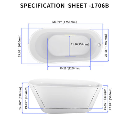 69" 100% Acrylic Freestanding Bathtub，Contemporary Soaking Tub，white Bathtub