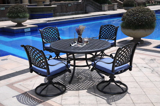 Round 4 - Person 51.97" Long Powder Coated Aluminum Dining Set with Navy Blue Cushions