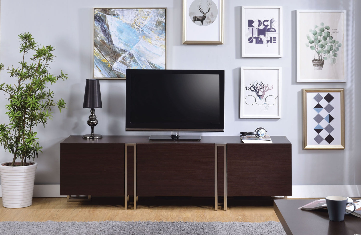 ACME Cattoes TV Stand in Dark Walnut & Nickel 91795