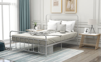 Full Size Metal Platform Bed with Headboard and Footboard, Iron Bed Frame for Bedroom, No Box Spring Needed ，Silver