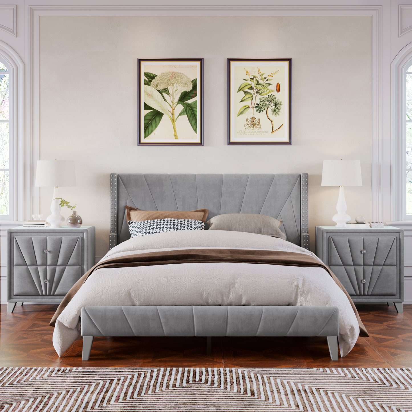 Contemporary Velvet Upholstered Bed Frame with Channel Tufting and Nailhead Trim, No Box Spring Needed, Queen, Gray