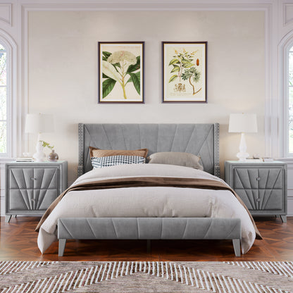 Contemporary Velvet Upholstered Bed Frame with Channel Tufting and Nailhead Trim, No Box Spring Needed, Queen, Gray