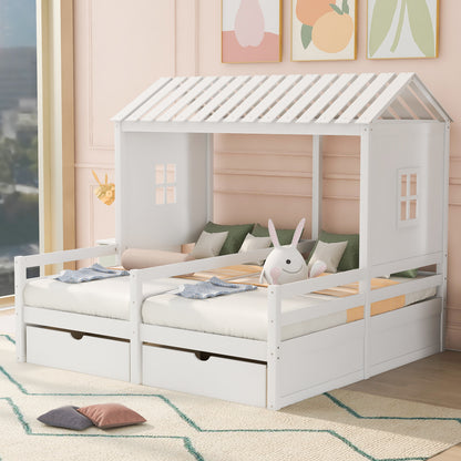 Twin Size House Platform Beds with Two Drawers for Boy and Girl Shared Beds, Combination of 2 Side by Side Twin Size Beds, White