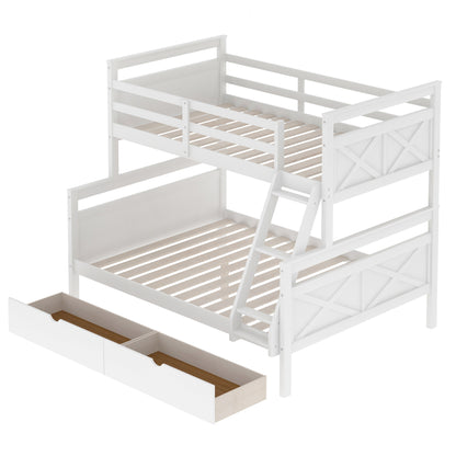 Twin over Full Bunk Bed with Ladder, Two Storage Drawers, Safety Guardrail, White