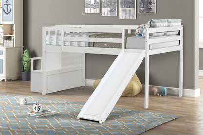 Loft Bed with Staircase, Storage, Slide, Twin size, Full-length Safety Guardrails, No Box Spring Needed, White \\\\n(Old Sku:W504S00004)