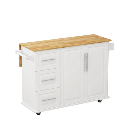 Kitchen Island Cart with 2 Door Cabinet and Three Drawers,53.5 Inch Width with Spice Rack, Towel Rack （White)