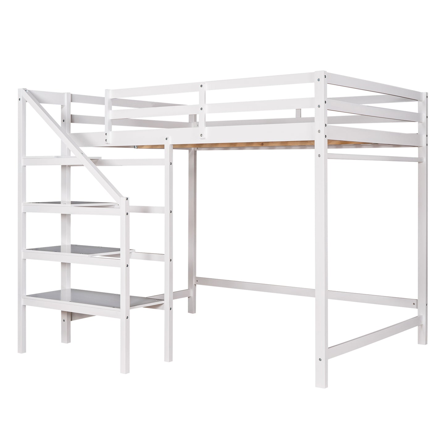 Full Size Loft Bed with Built-in Storage Staircase and Hanger for Clothes,White