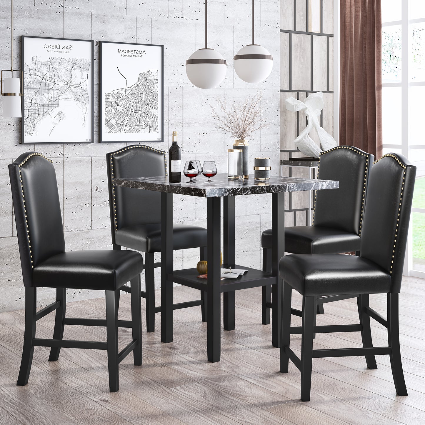 TOPMAX 5 Piece Dining Set with Matching Chairs and Bottom Shelf for Dining Room, Black Chair+Black Table