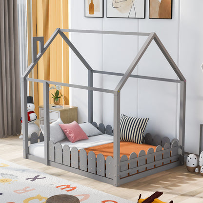 （Slats are not included) Full Size Wood Bed House Bed Frame with Fence, for Kids, Teens, Girls, Boys (Gray )(OLD SKU:WF281294AAE)