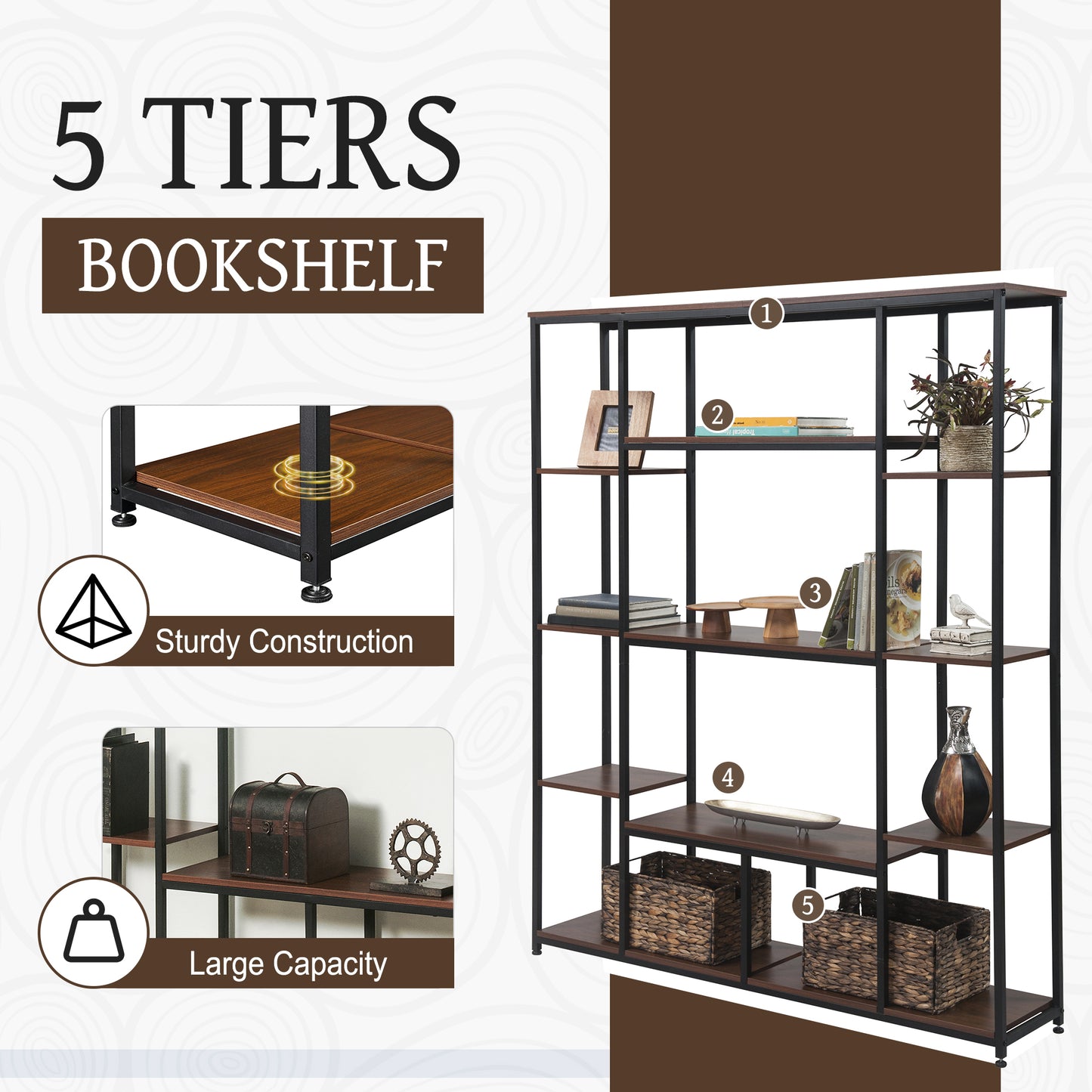 [VIDEO] Bookcase and Bookshelf, Home Office 5 Tier Bookshelf, Open Freestanding Storage Shelf with Metal Frame, Brown