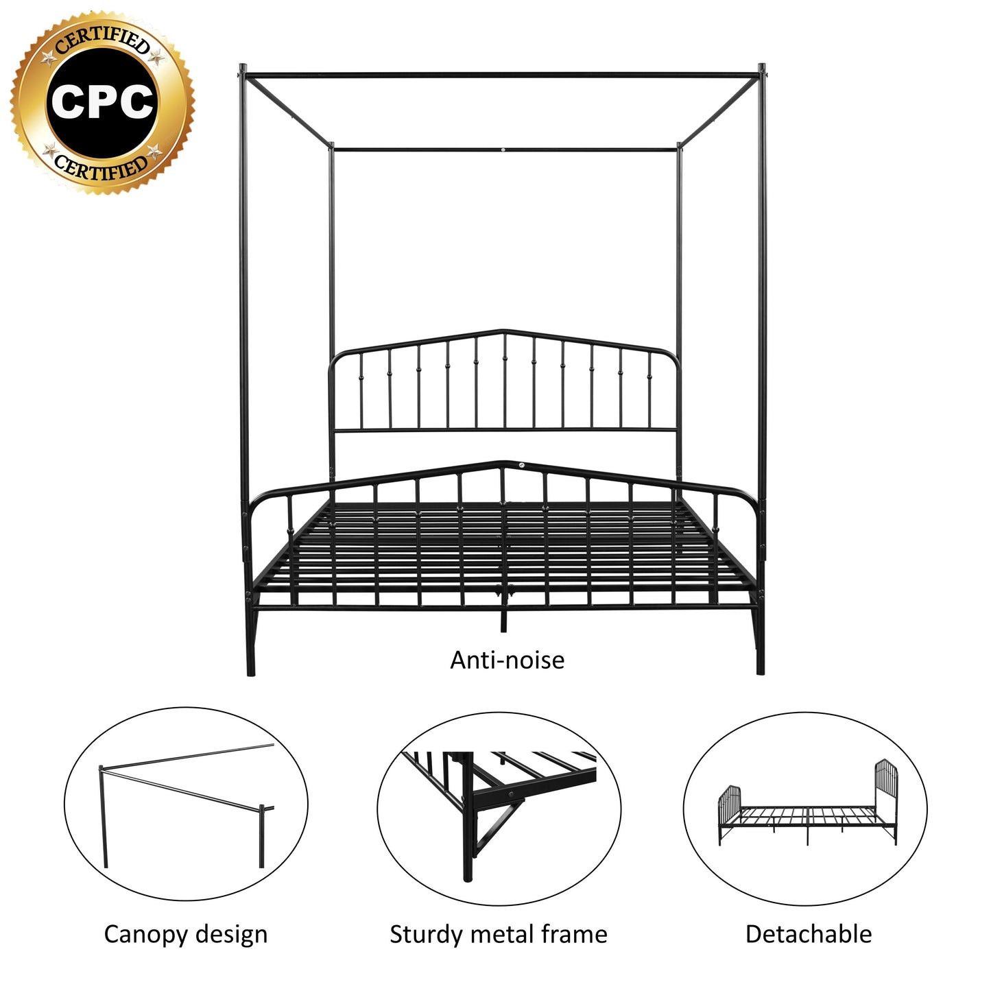 Detachable Queen Anti-Noise Metal Canopy Bed