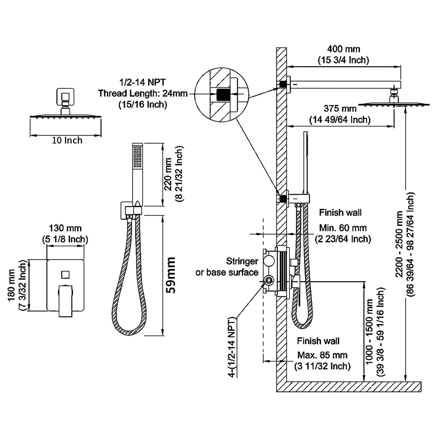 Shower System Shower Faucet Combo Set Wall Mounted with 10" Rainfall Shower Head and handheld shower faucet, Brushed Gold Finish with Brass Valve Rough-In