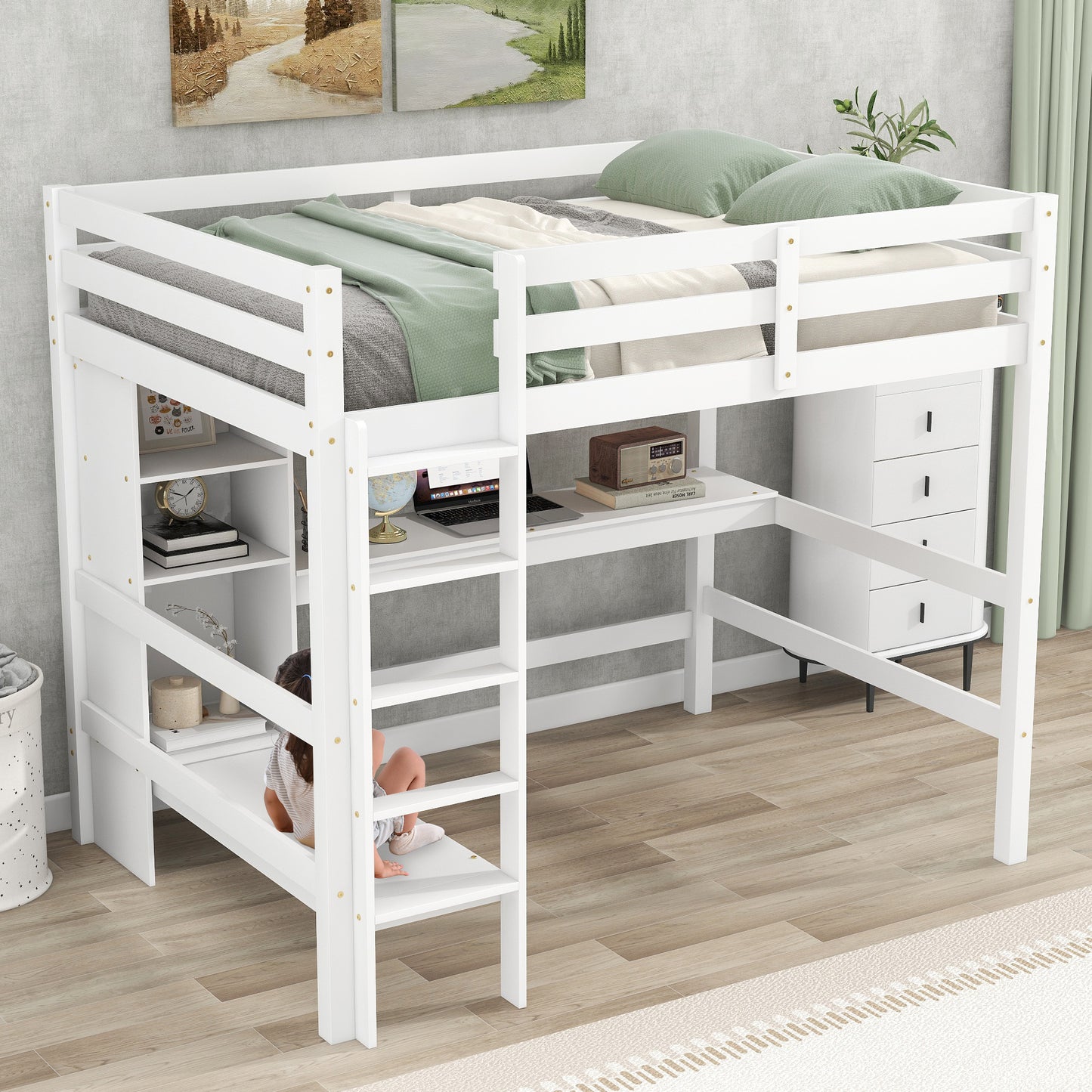 Full Size Loft Bed with Multifunction Shelves and Under-bed Desk, White