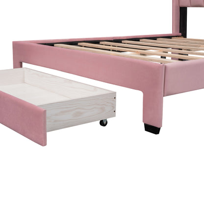 Full Size Storage Bed Velvet Upholstered Platform Bed with a Big Drawer - Pink