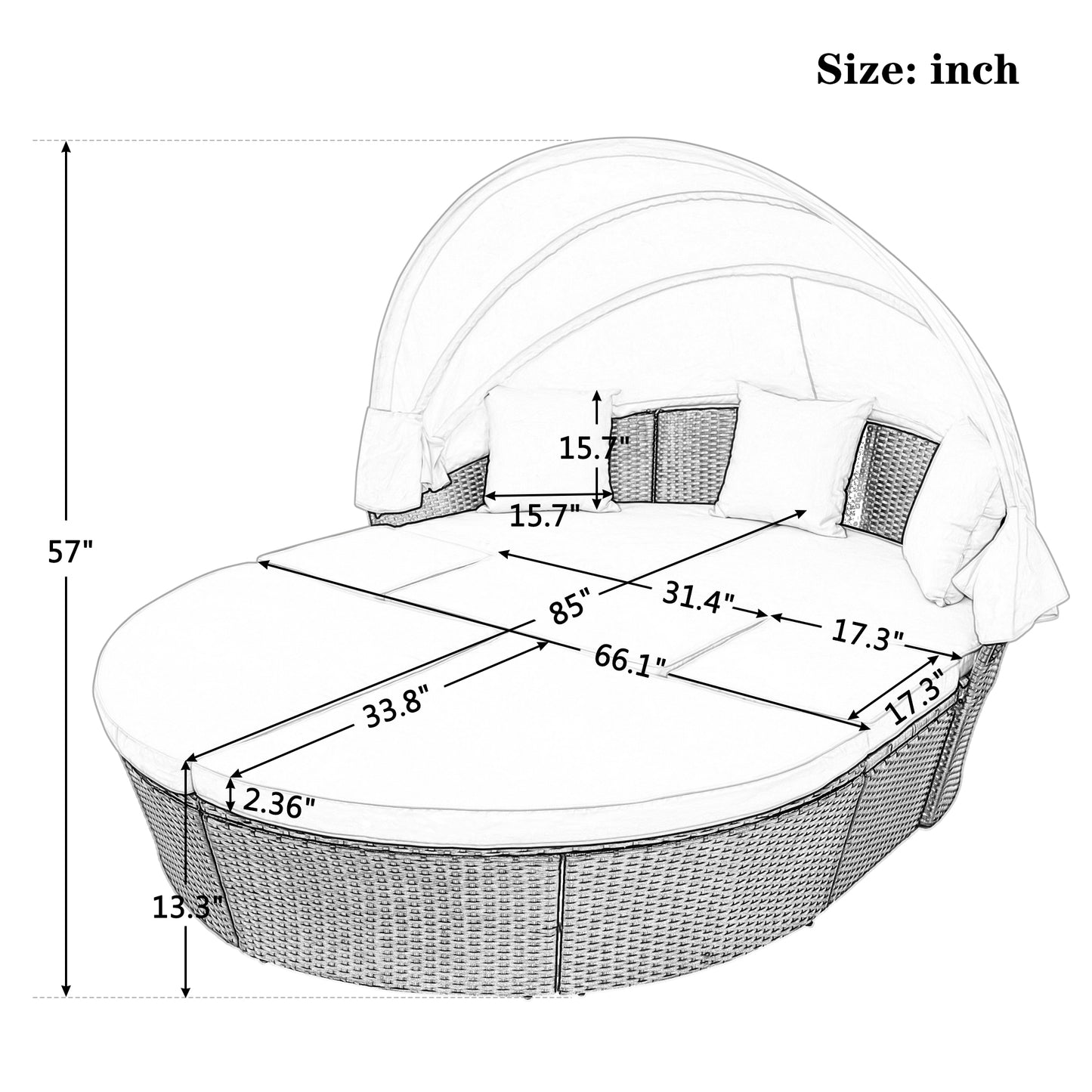 Outdoor rattan daybed sunbed with Retractable Canopy Wicker Furniture, Round Outdoor Sectional Sofa Set, black Wicker Furniture Clamshell  Seating with Washable Cushions, Backyard, Porch, Beige.