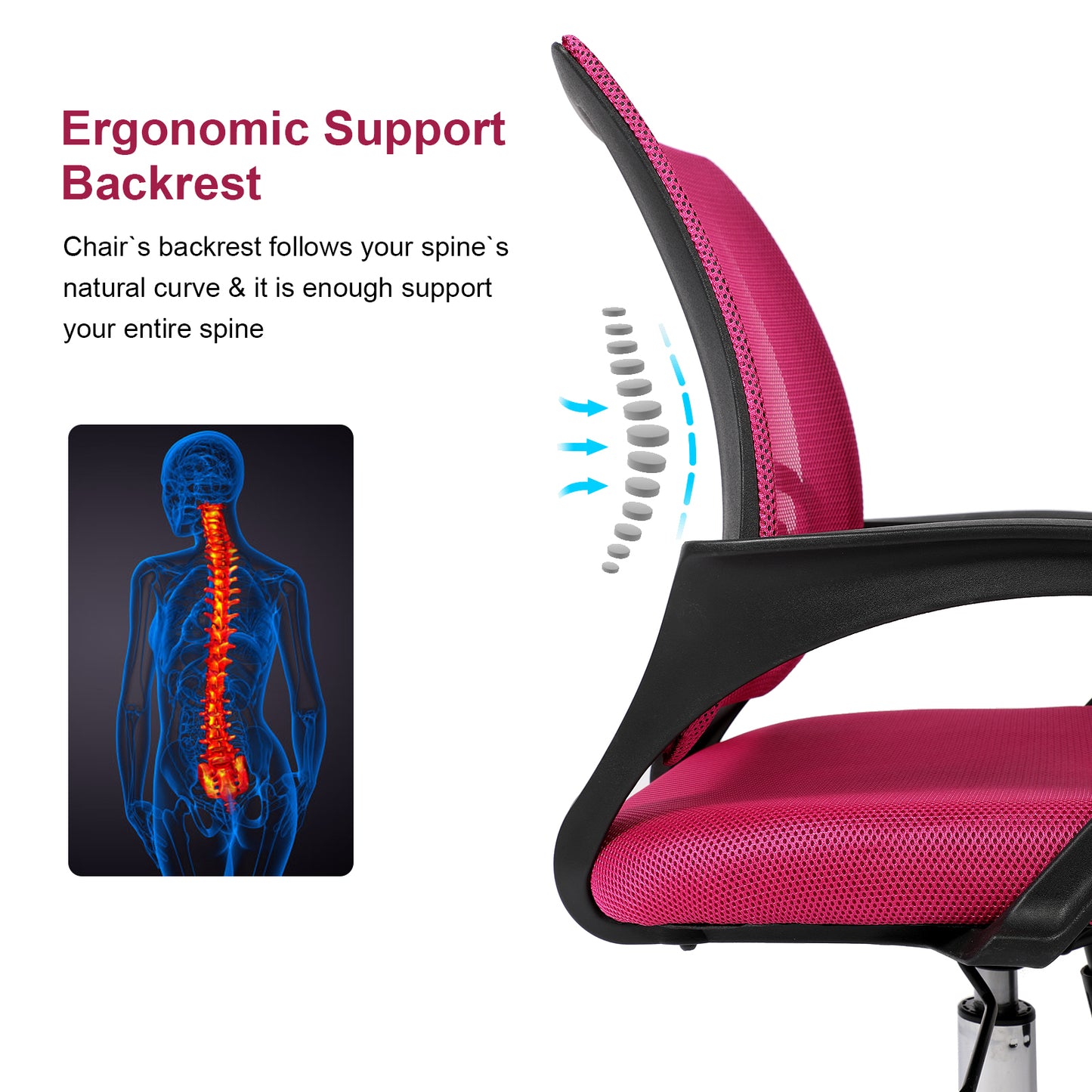 YSSOA Task Ergonomic Mesh Computer Wheels and Arms and Lumbar Support Study Chair for Students Teens Men Women for Dorm Home Office, Adjustable Height, Pink