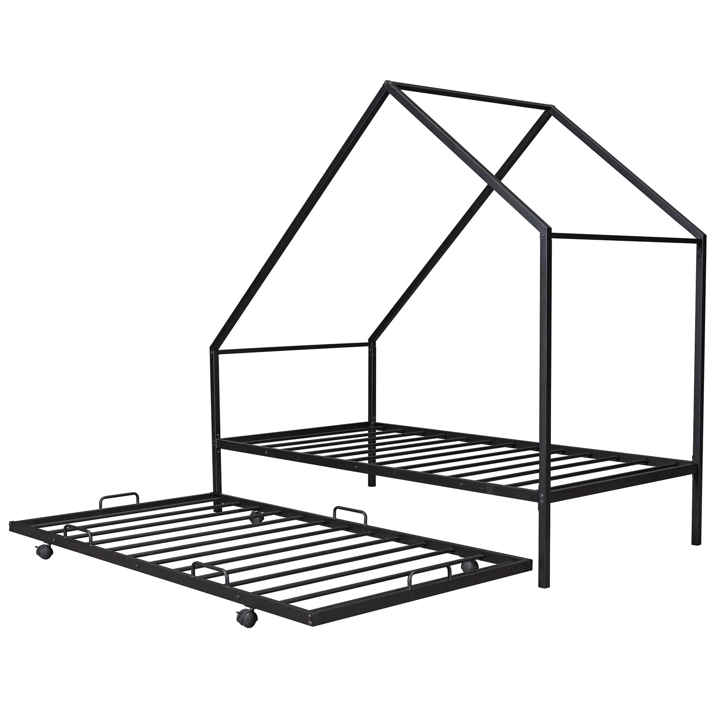 Metal House Bed With Trundle, Twin Size House  Bed Black