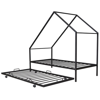 Metal House Bed With Trundle, Twin Size House  Bed Black