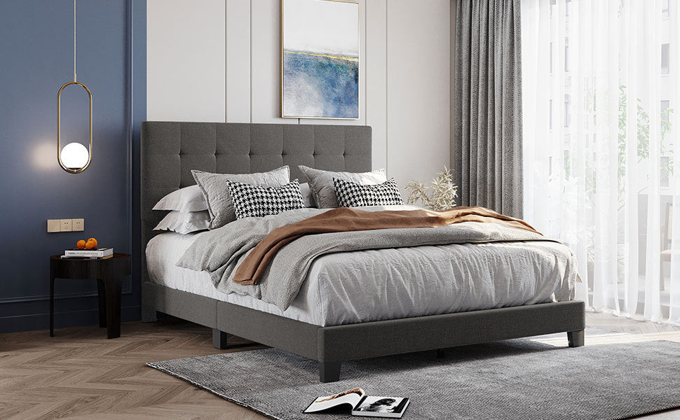 Upholstered Platform Bed with Tufted Headboard, Box Spring Needed, Gray Linen Fabric, Queen Size