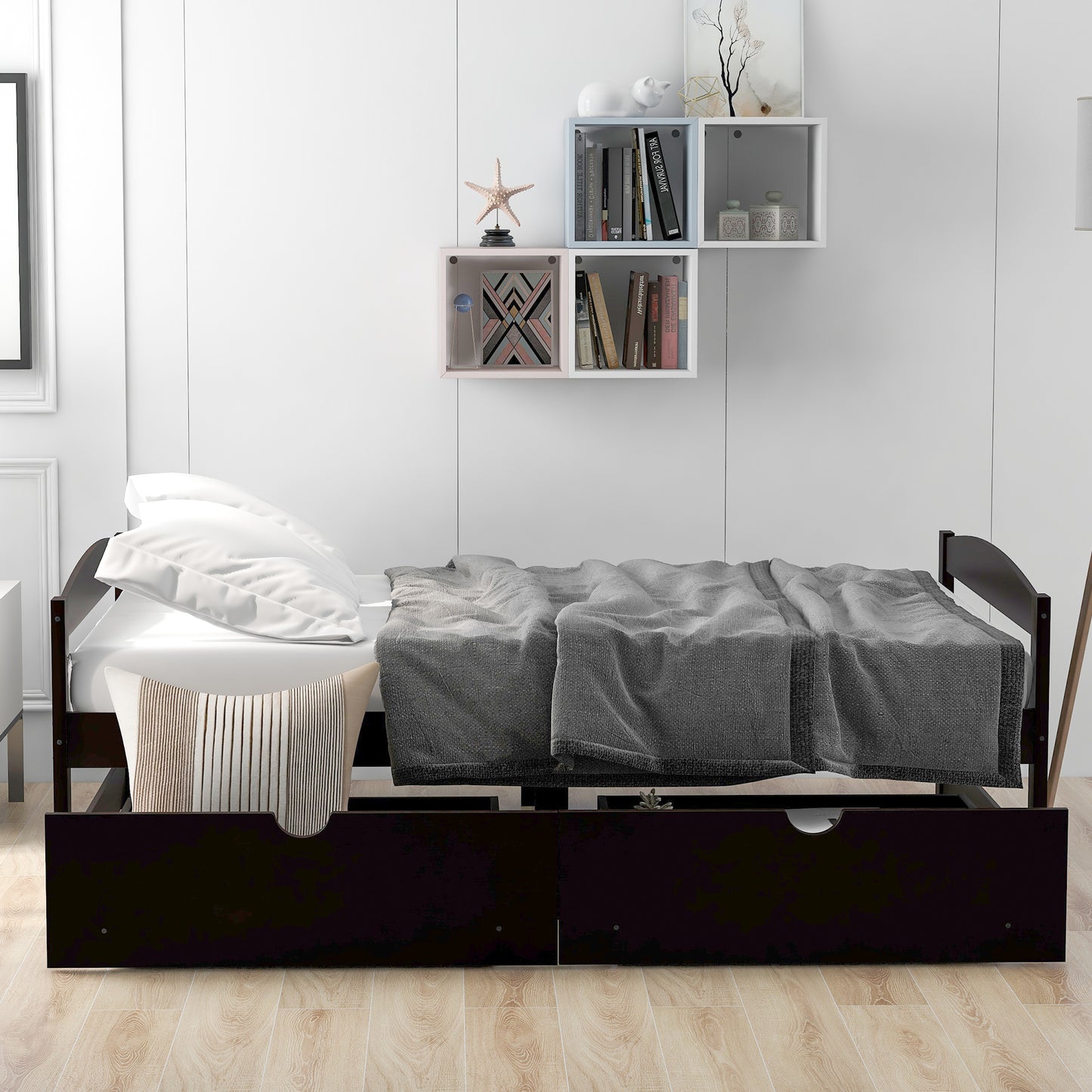 Twin size platform bed, with two drawers, espresso（New）