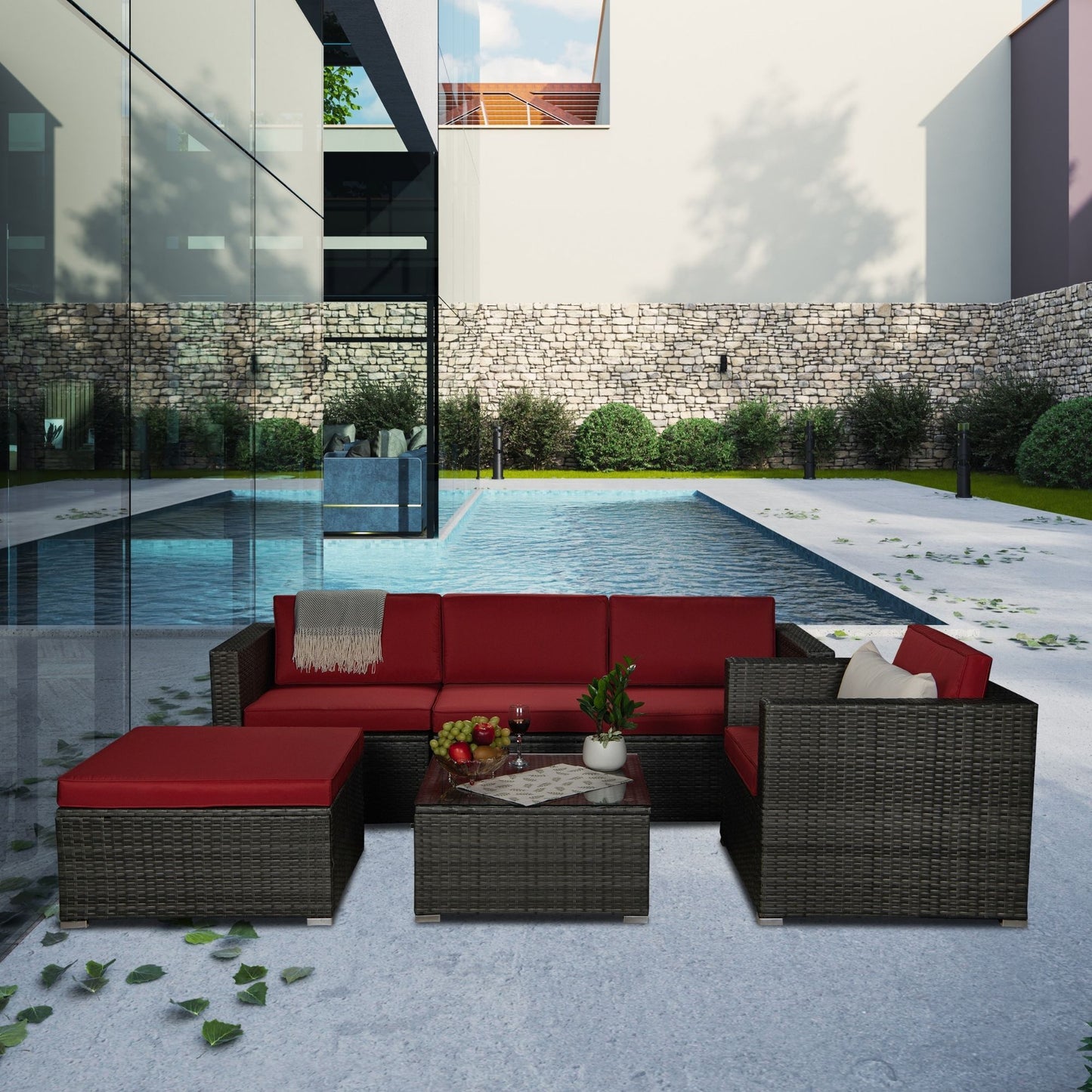 Outdoor Garden Patio Furniture 6-Piece Gray PE Rattan Wicker Sectional Red Cushioned Sofa Sets with 1 Beige Pillow