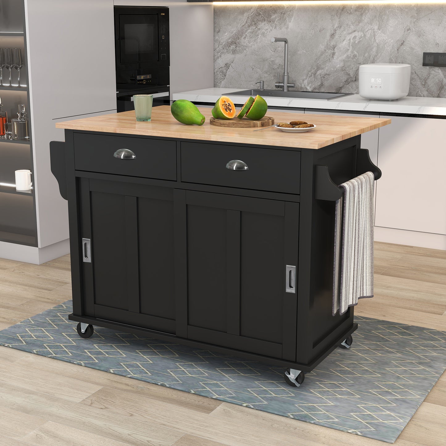 K&K Kitchen Cart with Rubber wood Drop-Leaf Countertop, Concealed sliding barn door adjustable height,Kitchen Island on 4 Wheels with Storage Cabinet and 2 Drawers,L52.2xW30.5xH36.6 inch, Black