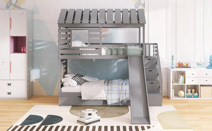 Twin over Twin House Bunk Bed with Trundle and Slide ,Storage Staircase,Roof and Window Design, Gray