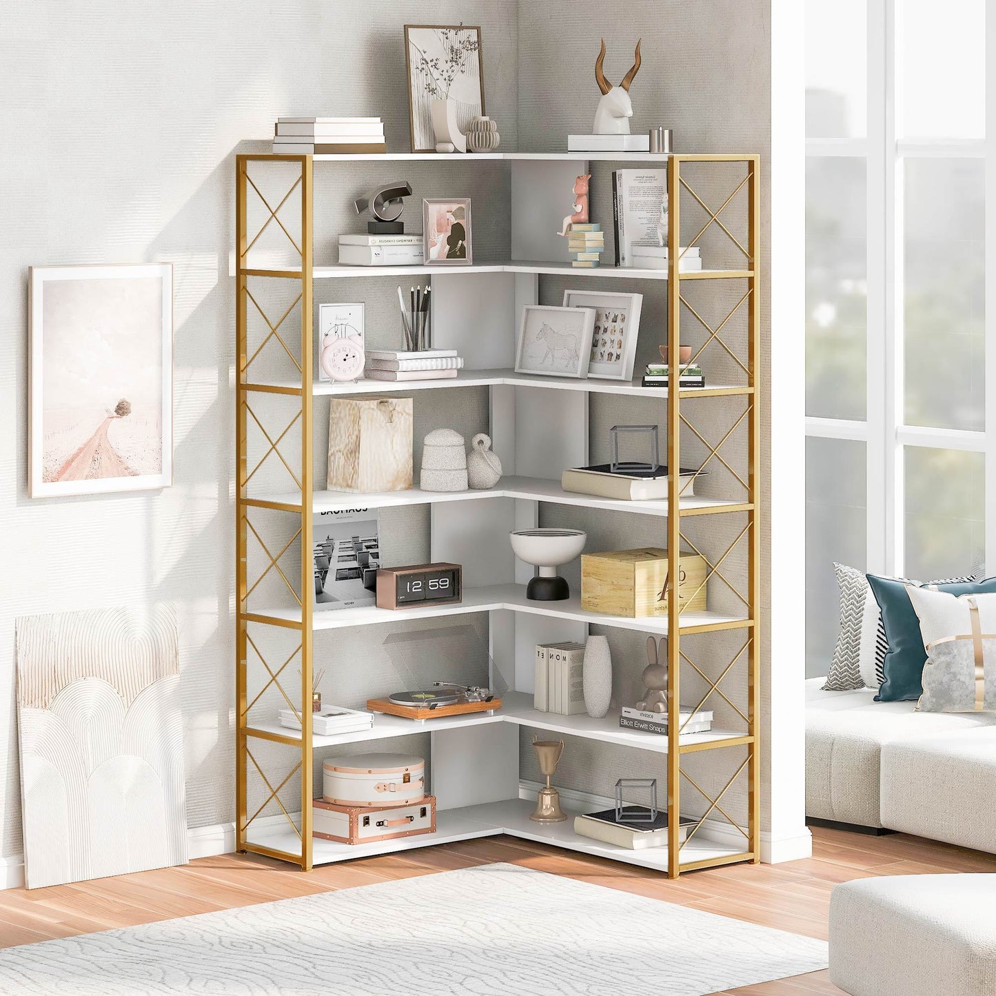 Golden+White 7-Tier Bookcase Home Office Bookshelf,  L-Shaped Corner Bookcase with Metal Frame, Industrial Style Shelf with Open Storage, MDF Board