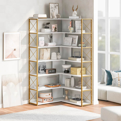 Golden+White 7-Tier Bookcase Home Office Bookshelf,  L-Shaped Corner Bookcase with Metal Frame, Industrial Style Shelf with Open Storage, MDF Board