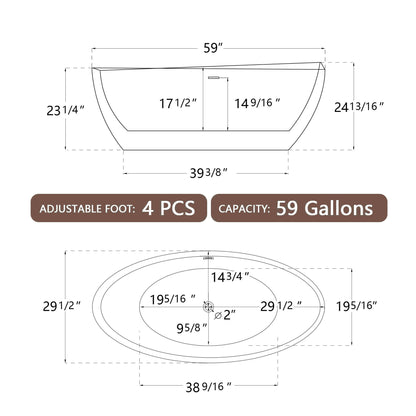 59" Acrylic Free Standing Tub - Classic Oval Shape Soaking Tub, Adjustable Freestanding Bathtub with Integrated Slotted Overflow and Chrome Pop-up Drain Anti-clogging Gloss White