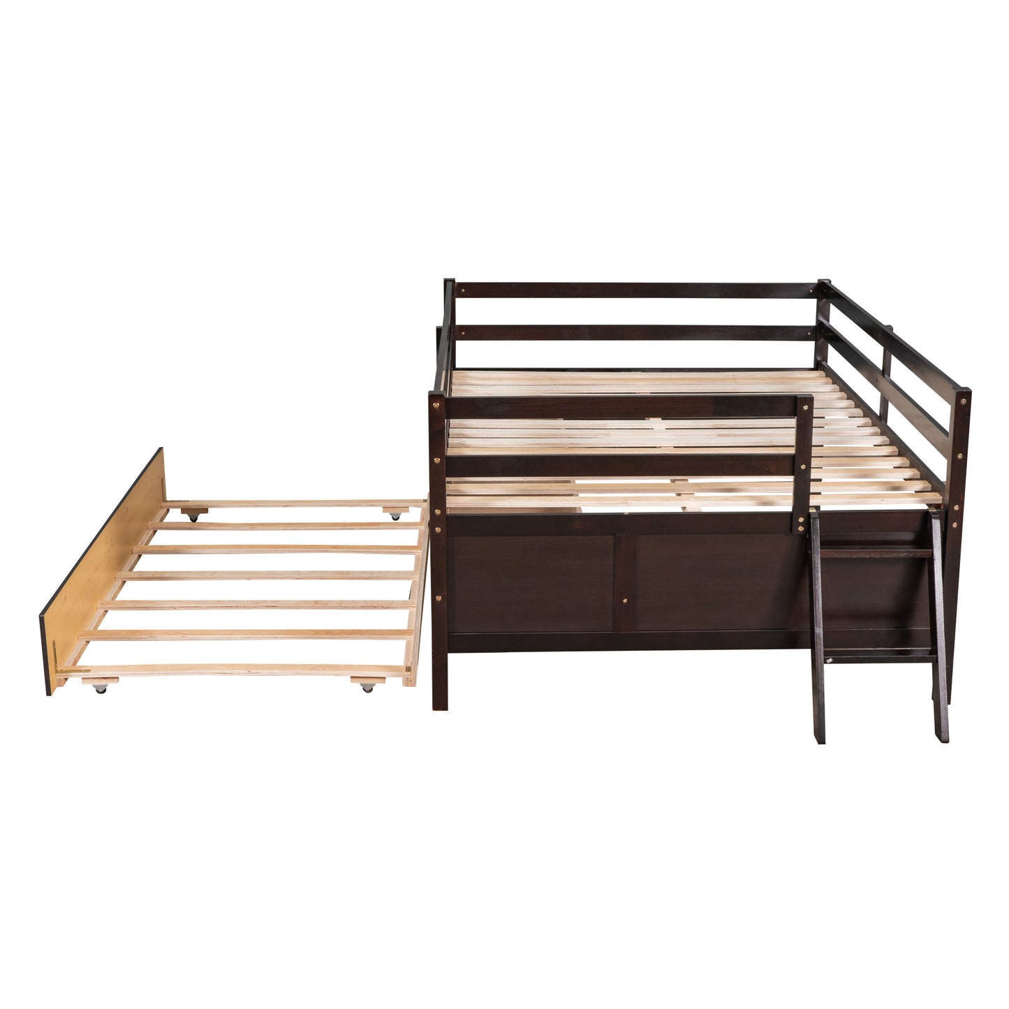 Low Loft Bed Full Size with Full Safety Fence, Climbing ladder, Storage Drawers and Trundle Espresso Solid Wood Bed