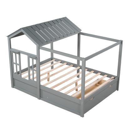 Full Size House Bed with Roof, Window and Drawer - Gray