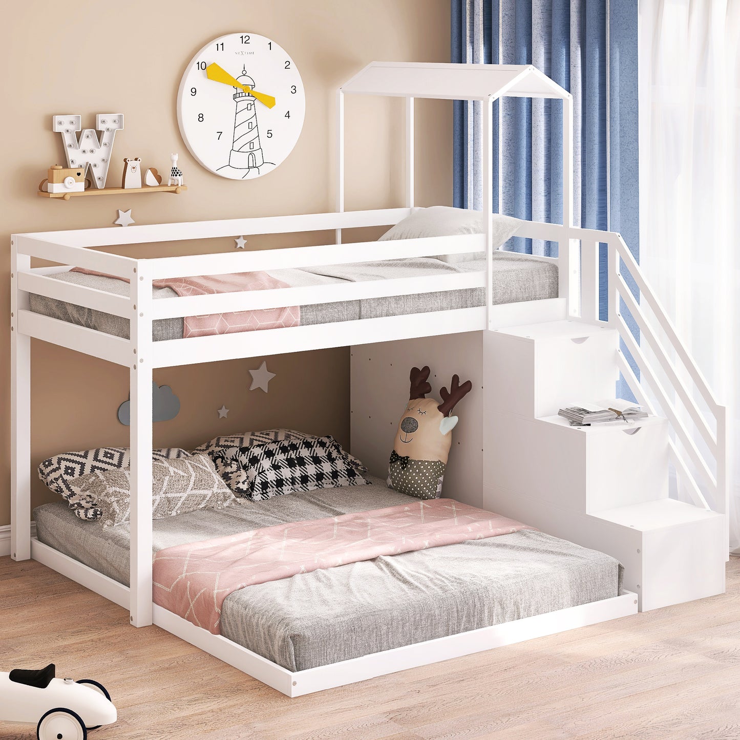 Twin over Full House Roof Bunk Bed with Staircase and Shelves, White