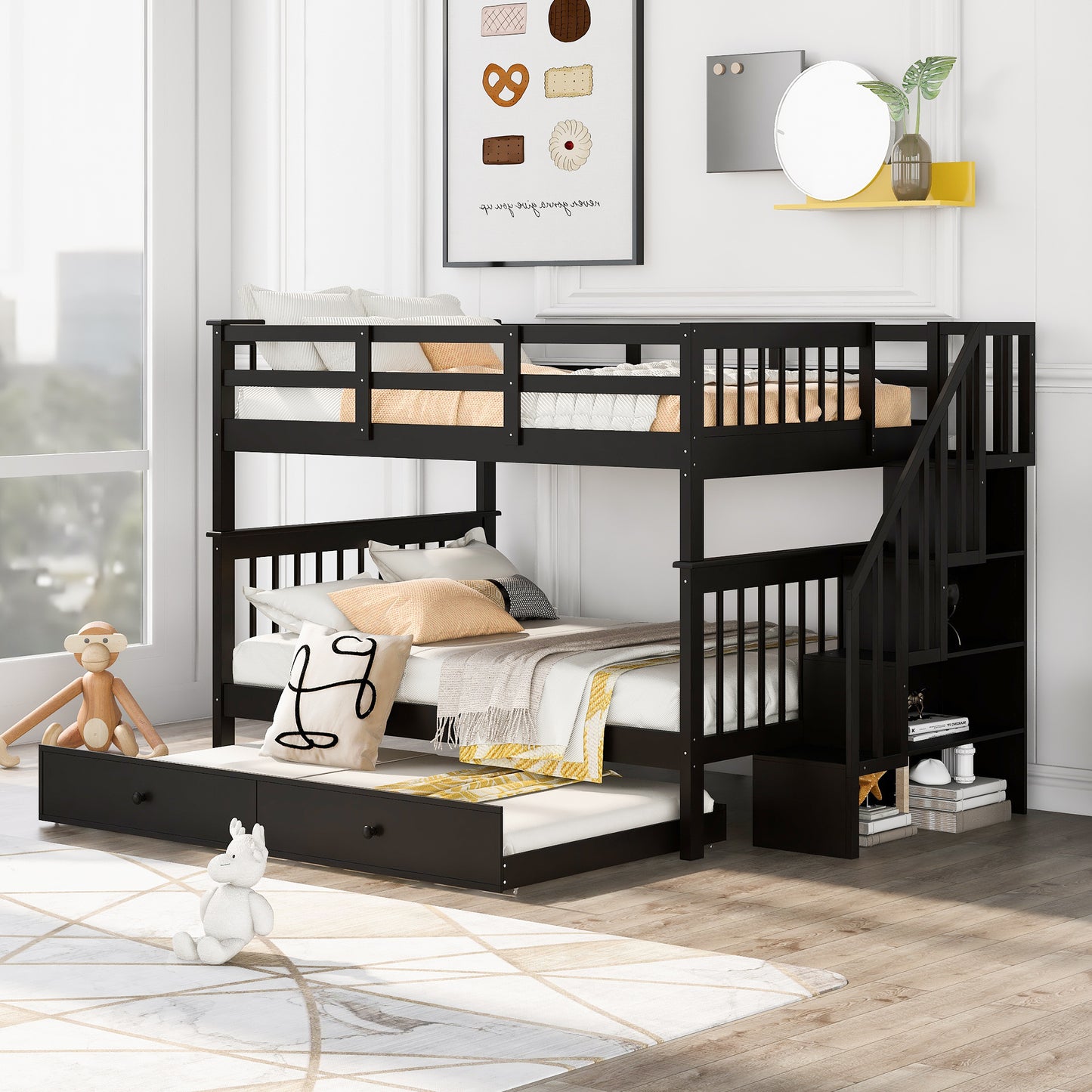 Stairway Full-Over-Full Bunk Bed with Twin size Trundle, Storage and Guard Rail for Bedroom, Dorm - Espresso(OLD SKU :LP001210AAP)