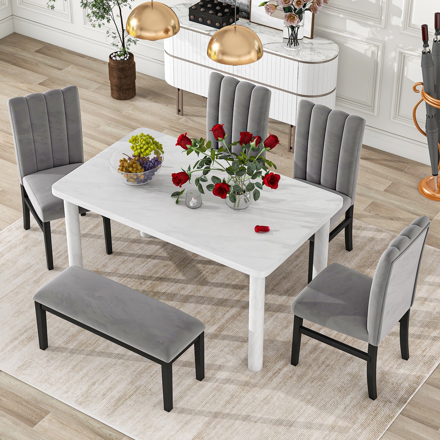 TREXM 6-Piece Dining Table Set with Marble Veneer Table and 4 Flannelette Upholstered Dining Chairs & Bench (White+Gray)