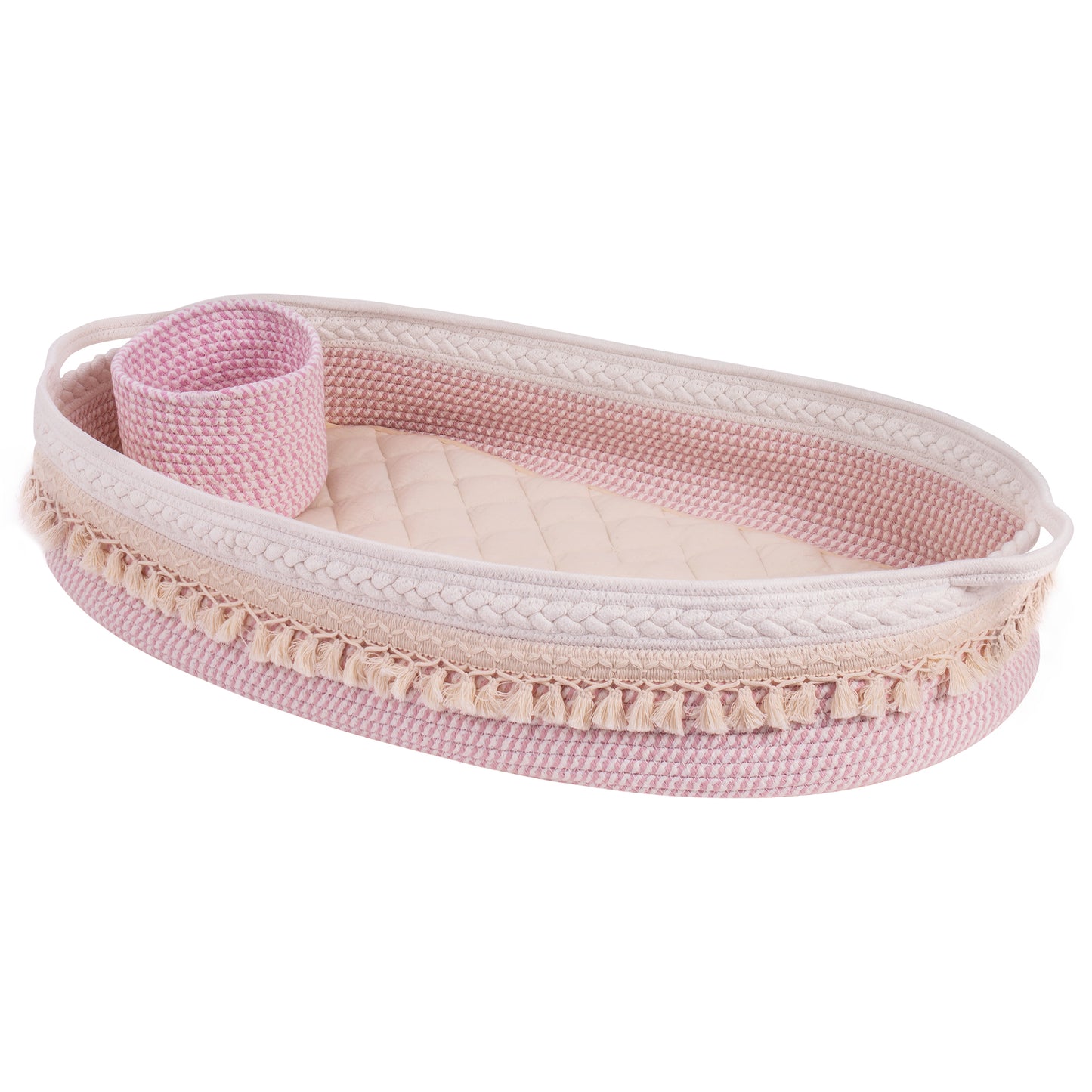 Baby Changing Basket, Handmade Woven Cotton Rope Moses Basket, Changing Table Topper with Mattress Pad(Beige&Pink)