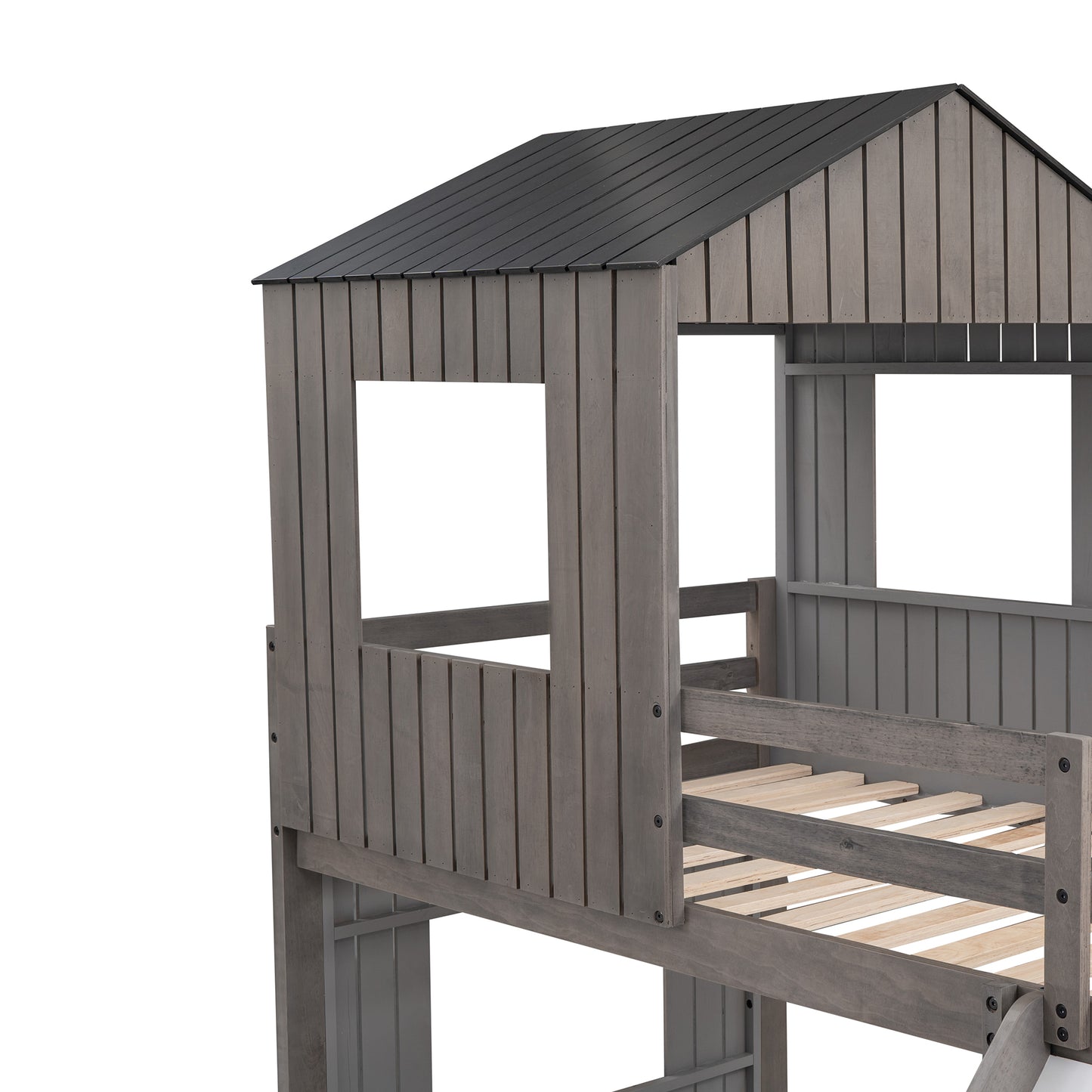 Wooden Twin Over Full Bunk Bed, Loft Bed with Playhouse, Farmhouse, Ladder, Slide and Guardrails, White(OLD SKU :LT000028AAE)