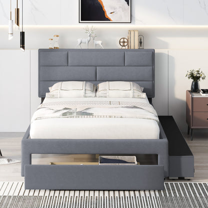 Full Size Linen Upholstered Platform Bed With a Drawer and Storage Shelves,Gray