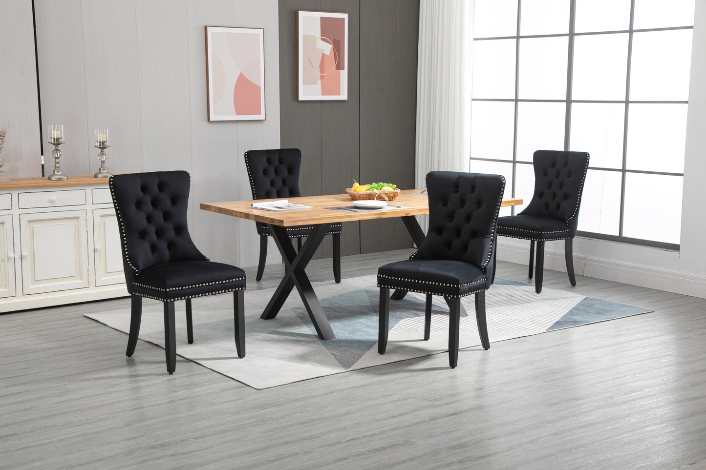 Upholstered Button Tufted Back Black Velvet Dining Chair with Nailhead Trim and Solid Wood Legs 2 Sets