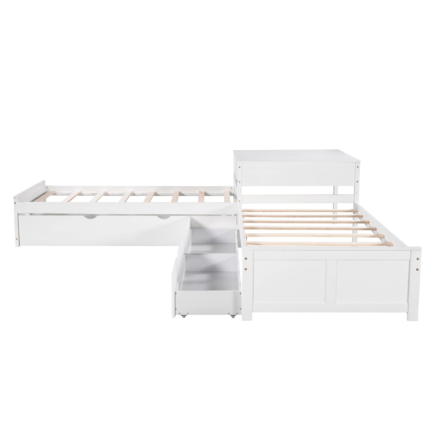 L-shaped Platform Bed with Trundle and Drawers Linked with built-in Desk,Twin,White