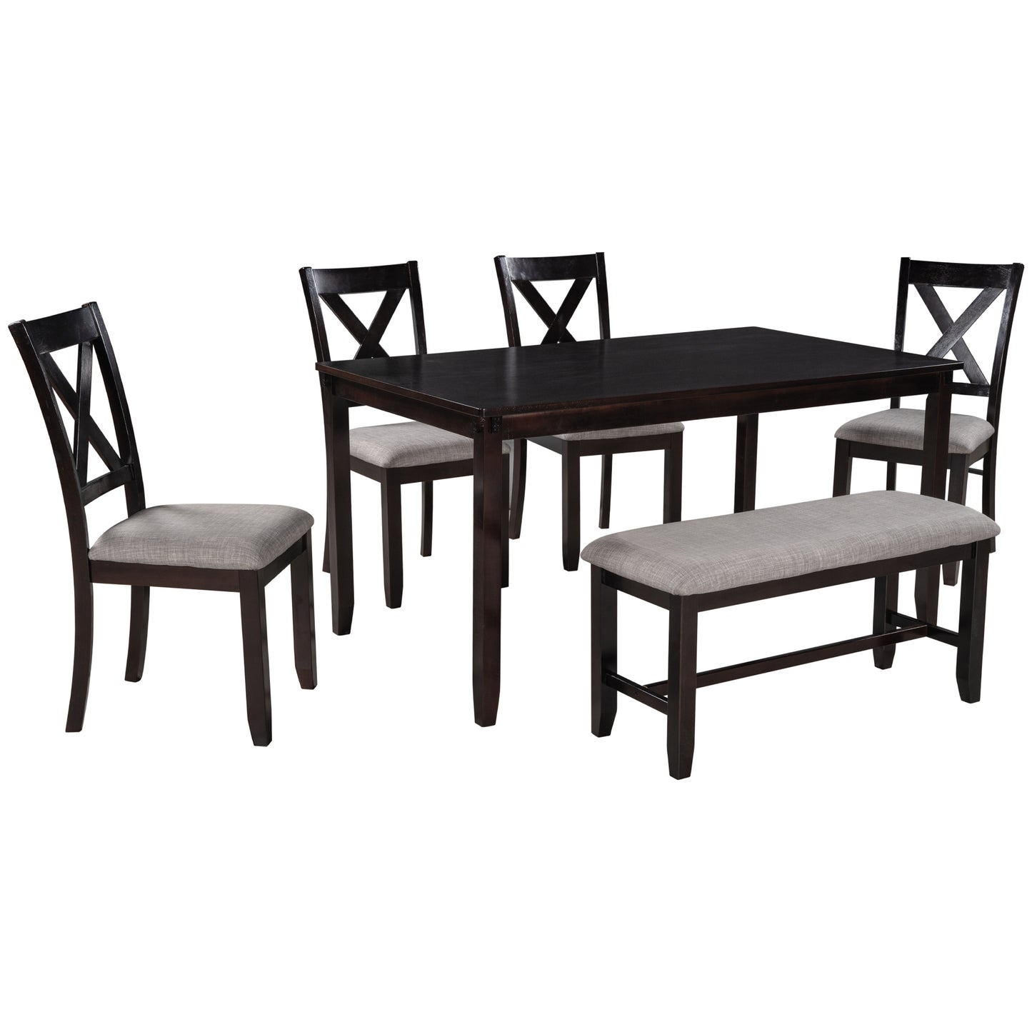 TREXM 6-Piece Kitchen Dining Table Set Wooden Rectangular Dining Table, 4 Fabric Chairs and Bench Family Furniture (Espresso)