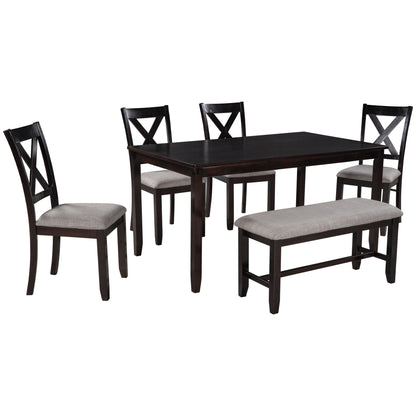 TREXM 6-Piece Kitchen Dining Table Set Wooden Rectangular Dining Table, 4 Fabric Chairs and Bench Family Furniture (Espresso)