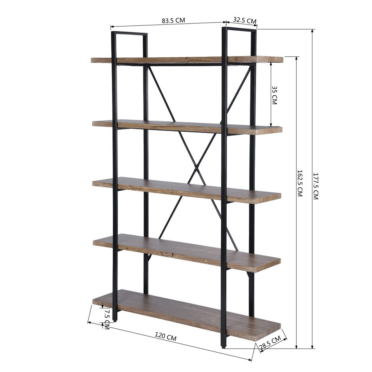 5-Tier Industrial Bookcase With Rustic Wood And Metal Frame, Large Open Bookshelf For Living Room