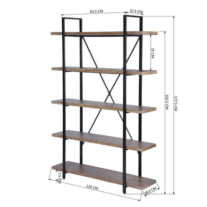 5-Tier Industrial Bookcase With Rustic Wood And Metal Frame, Large Open Bookshelf For Living Room