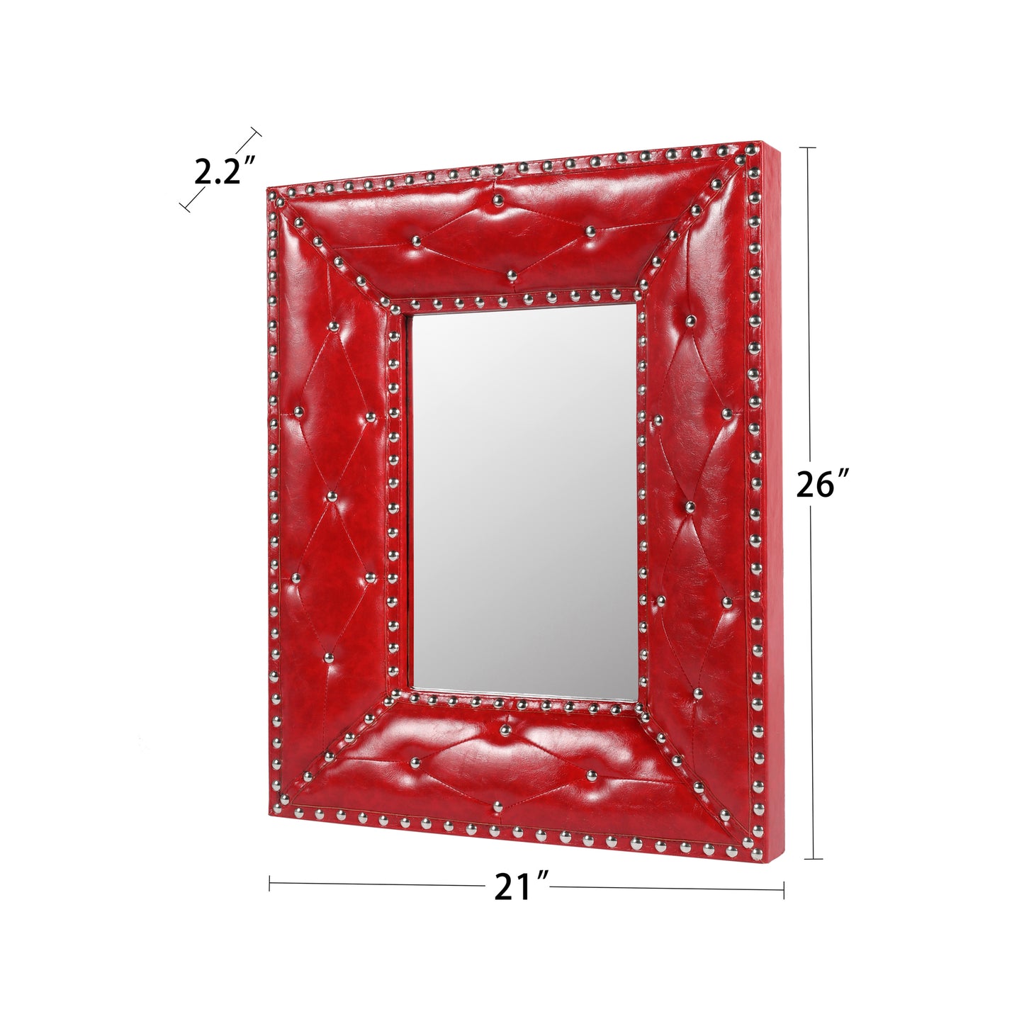 RED Rectangle Decorative Wall Hanging Mirror,Rivet Decoration,PU Covered MDF Framed Mirror for Bedroom Living Room Vanity Entryway Wall Decor,21x26inch